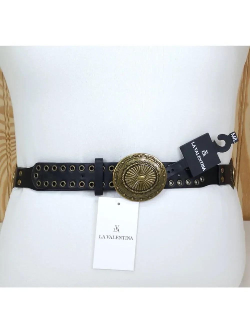 La Valentina Womens Black Belt S/M With Brass Buckle & Eyelets 1 7/8